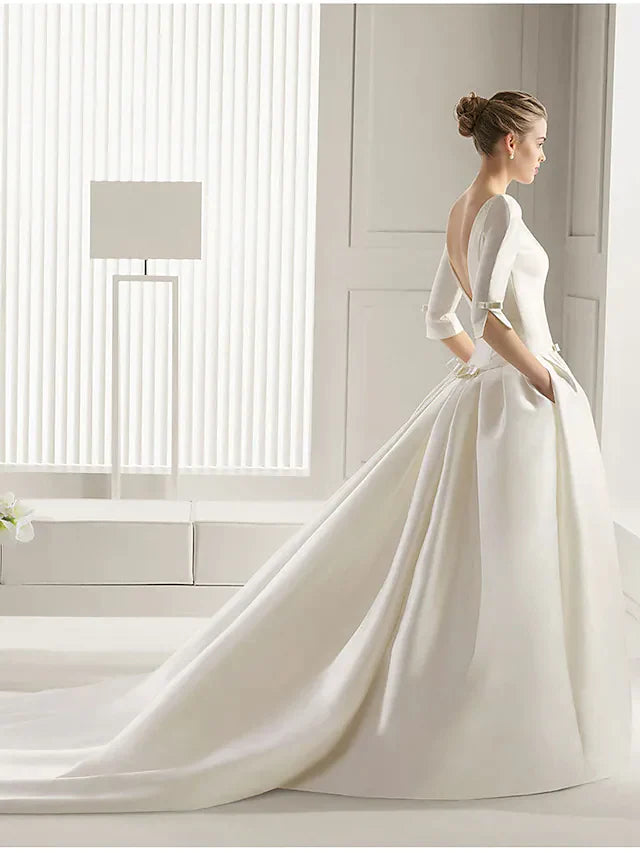 A-Line Wedding Dresses Bateau Neck Court Train Polyester Half Sleeve Sexy Plus Size