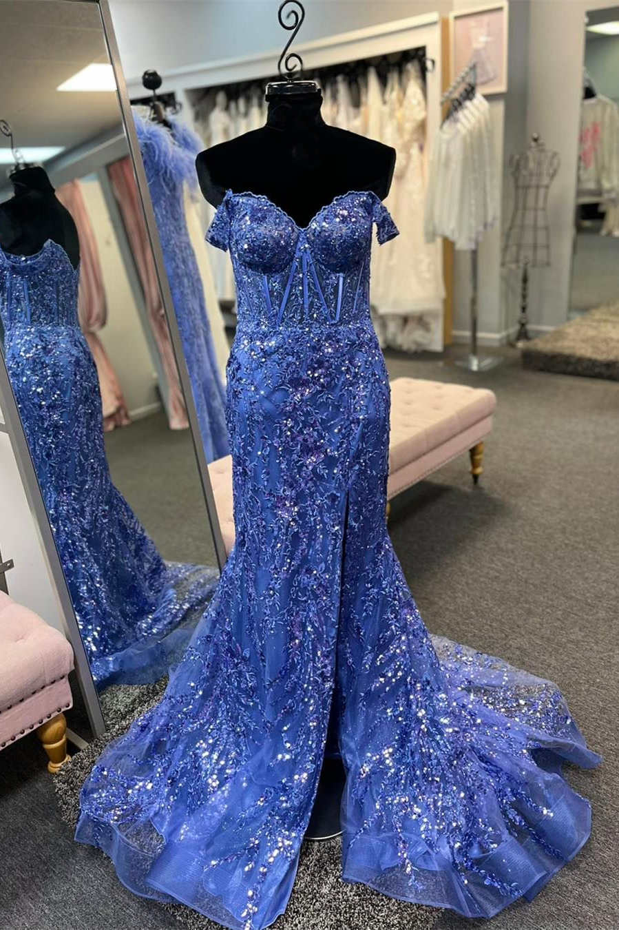 Sweep/Brush Train Dresses Off the Shoulder Gold Sequin Corset Mermaid Prom Dress with Slit
