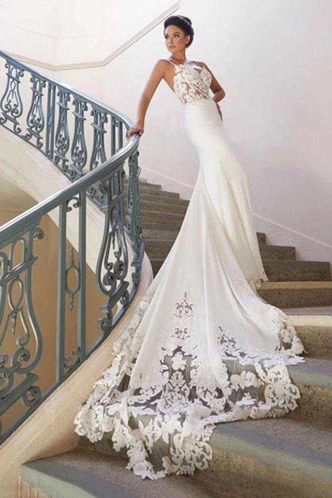 Spaghetti Strap Backless Applique Fitted Mermaid Wedding Dresses