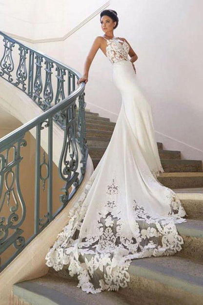 Spaghetti Strap Backless Applique Fitted Mermaid Wedding Dresses