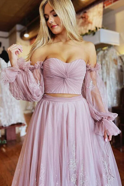 Two-Piece Dusty Pink Prom Dress with Sleeves