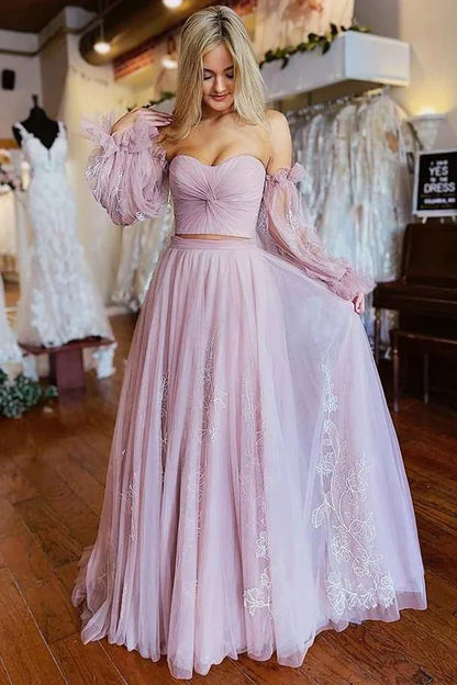 Two-Piece Dusty Pink Prom Dress with Sleeves