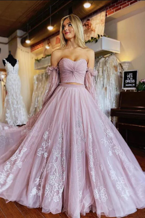 Two-Piece Dusty Pink Prom Dress with Sleeves