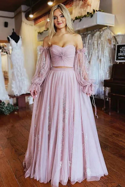 Two-Piece Dusty Pink Prom Dress with Sleeves