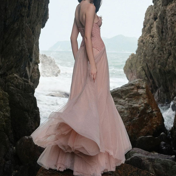 Pink Satin Strapless Mermaid Long Evening Gown for Party Wedding Banquet Festival Prom Formal Occasions