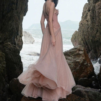 Pink Satin Strapless Mermaid Long Evening Gown for Party Wedding Banquet Festival Prom Formal Occasions