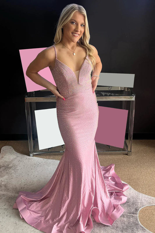 Light Pink V-Neck Spaghetti Straps Keyhole Floor-Length Beaded Long Prom Dress