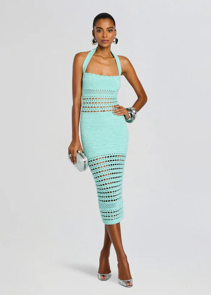 Playful Mint Green Halter Neck Crochet Cut-Out Detail Bodycon Midi Evening Dress