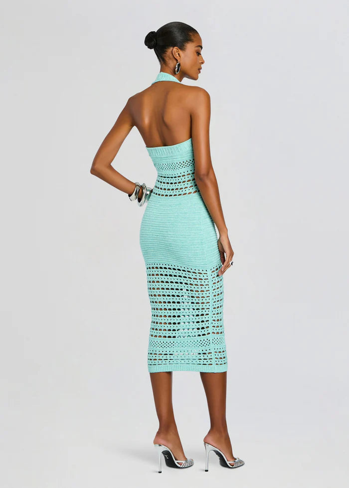 Playful Mint Green Halter Neck Crochet Cut-Out Detail Bodycon Midi Evening Dress