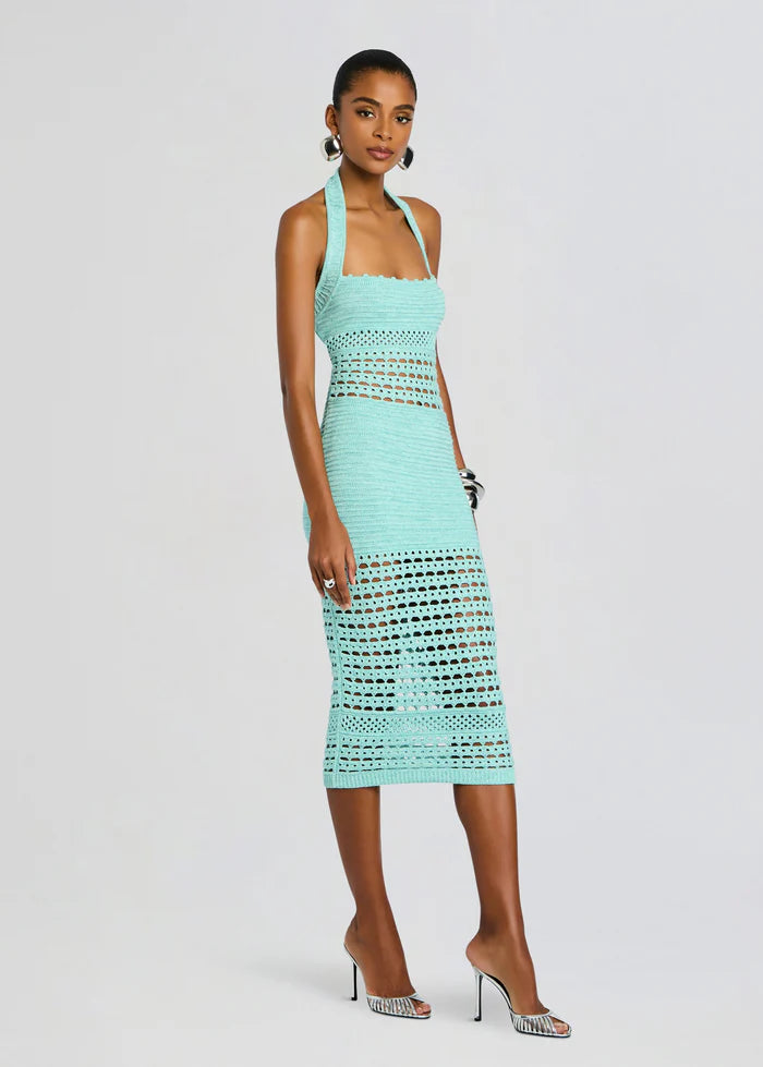 Playful Mint Green Halter Neck Crochet Cut-Out Detail Bodycon Midi Evening Dress