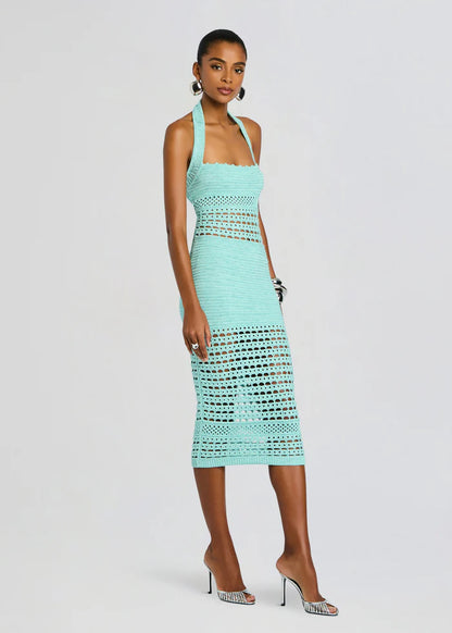 Playful Mint Green Halter Neck Crochet Cut-Out Detail Bodycon Midi Evening Dress