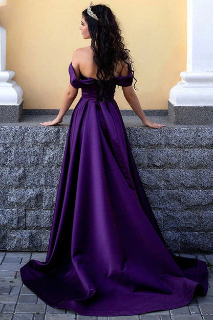 Plum Purple Off-the-Shoulder Sweetheart Neckline High Slit A-Line Train Prom Dress