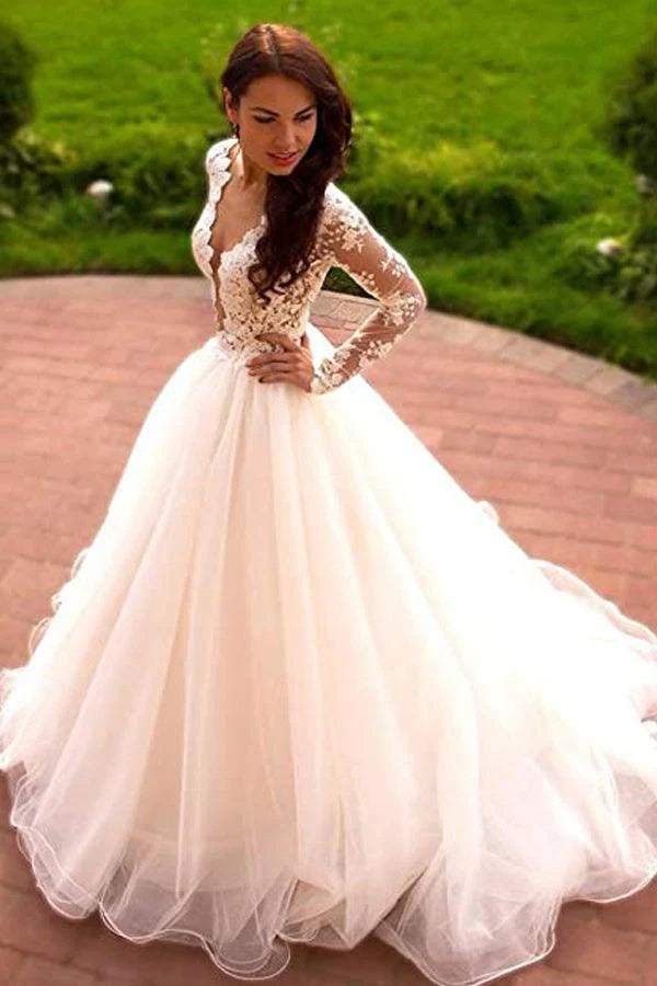 Princess A-Line V-Neck Tulle Ivory Long Sleeves Wedding Dresses
