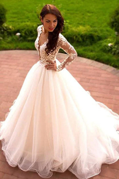 Princess A-Line V-Neck Tulle Ivory Long Sleeves Wedding Dresses