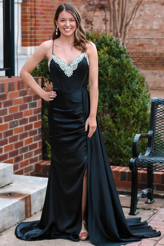Beading V-Neck Long Prom Dress with Attached Train