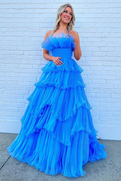 Charming A Line Strapless  Long Prom Dress with Ruffles