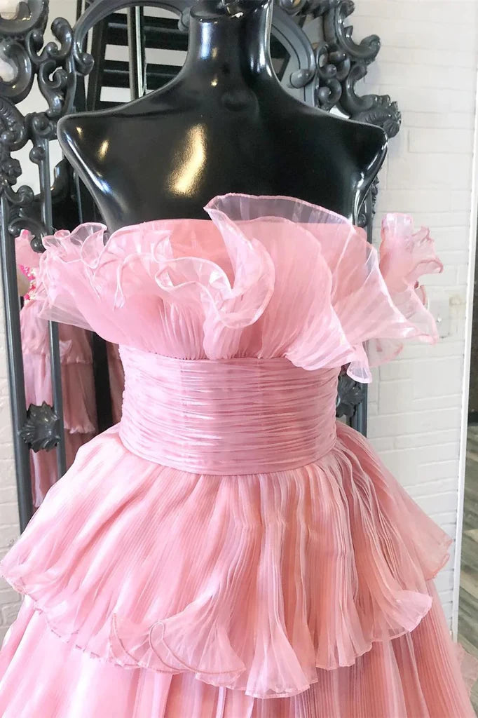 Charming A Line Strapless  Long Prom Dress with Ruffles