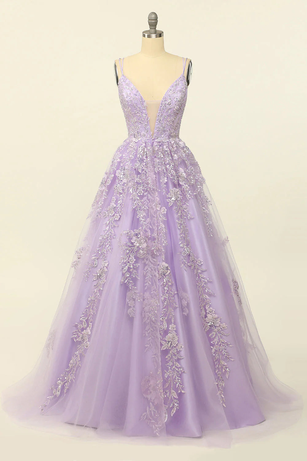 Purple Plunge V Spaghetti Straps Lace-Up Back Prom Dress With Appliques