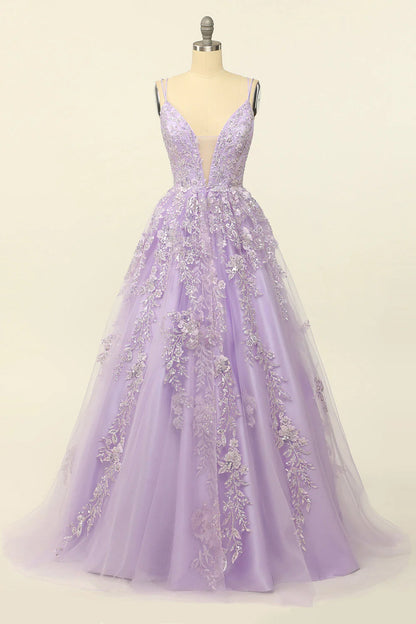 Purple Plunge V Spaghetti Straps Lace-Up Back Prom Dress With Appliques
