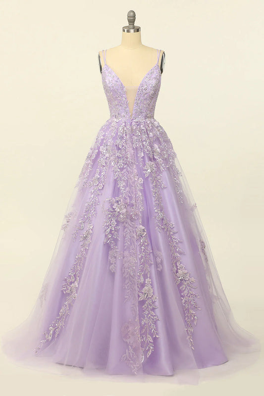 Purple Plunge V Spaghetti Straps Lace-Up Back Prom Dress With Appliques