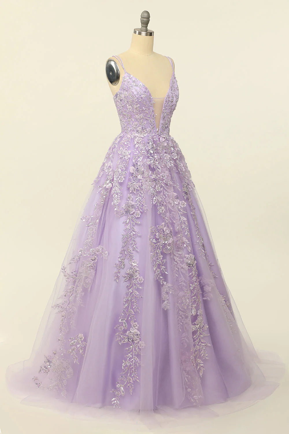 Purple Plunge V Spaghetti Straps Lace-Up Back Prom Dress With Appliques