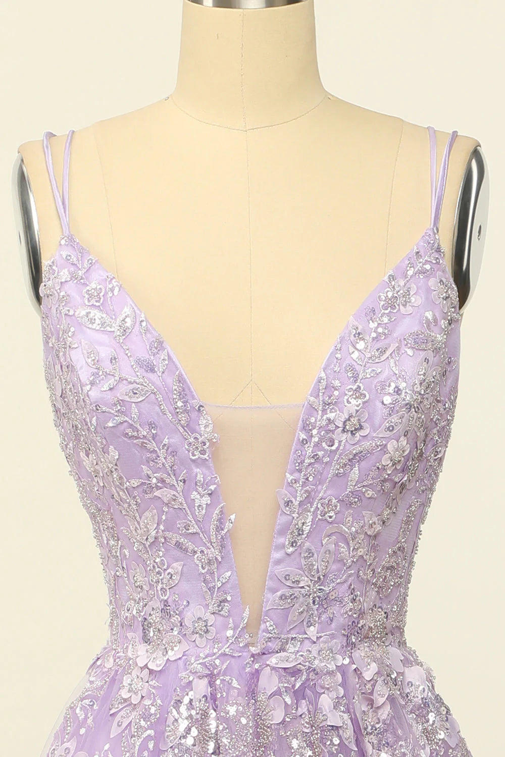 Purple Plunge V Spaghetti Straps Lace-Up Back Prom Dress With Appliques