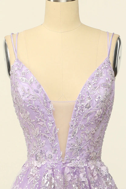Purple Plunge V Spaghetti Straps Lace-Up Back Prom Dress With Appliques