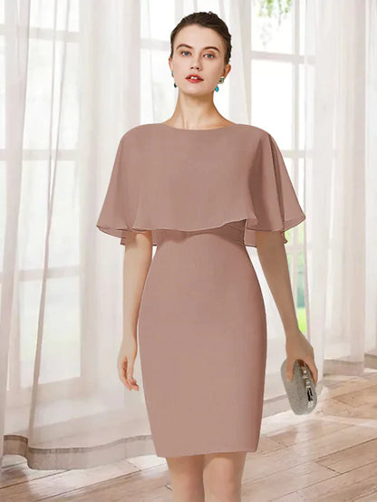 Mother of the Bride Dress Elegant Jewel Neck Short Mini Chiffon Short Sleeve with Ruffles