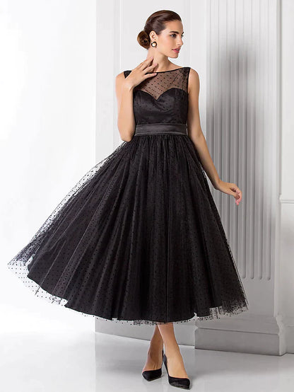 A-Line Vintage Wedding Guest Black Cocktail Party Dress Illusion Neck Sleeveless Tea Length Tulle with Pattern PrintA-Line Vintage Wedding Guest Black Cocktail Party Dress Illusion Neck Sleeveless Tea Length Tulle with Pattern Print