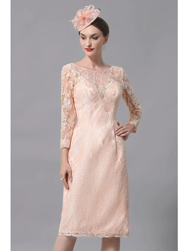 Mother of the Bride Dress Plus Size Sexy See Through Bateau Neck Knee Length Lace 3/4 Length Sleeve with Pleats Applique