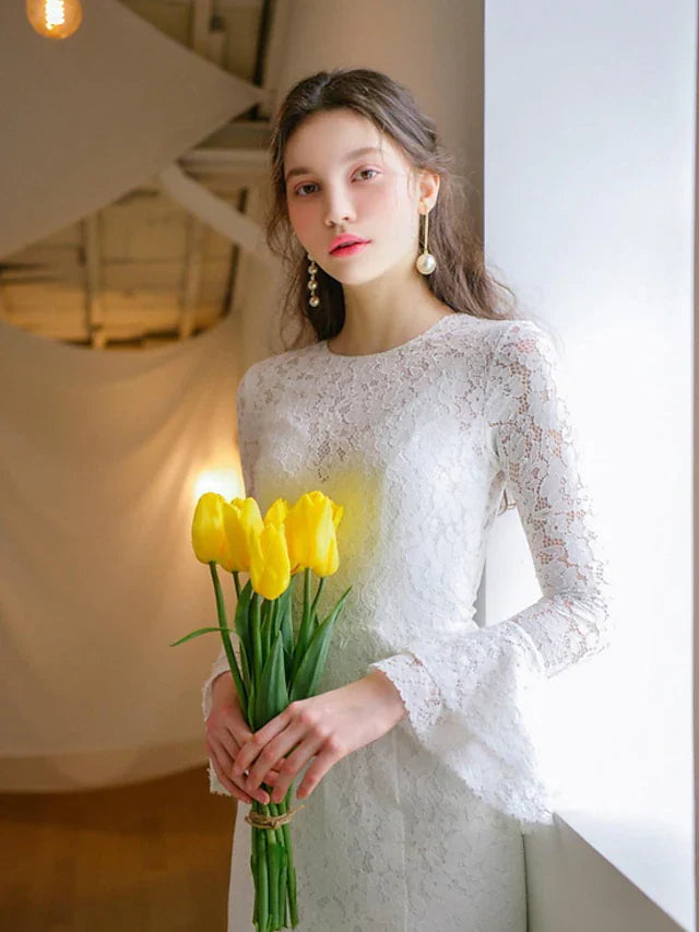 A-Line Wedding Dresses Jewel Neck Lace Long Sleeve Romantic with Appliques