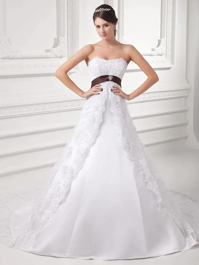 A-Line Wedding Dresses Strapless Chapel Train Lace Satin Tulle Strapless with Sashes Ribbons Bow(s) Beading