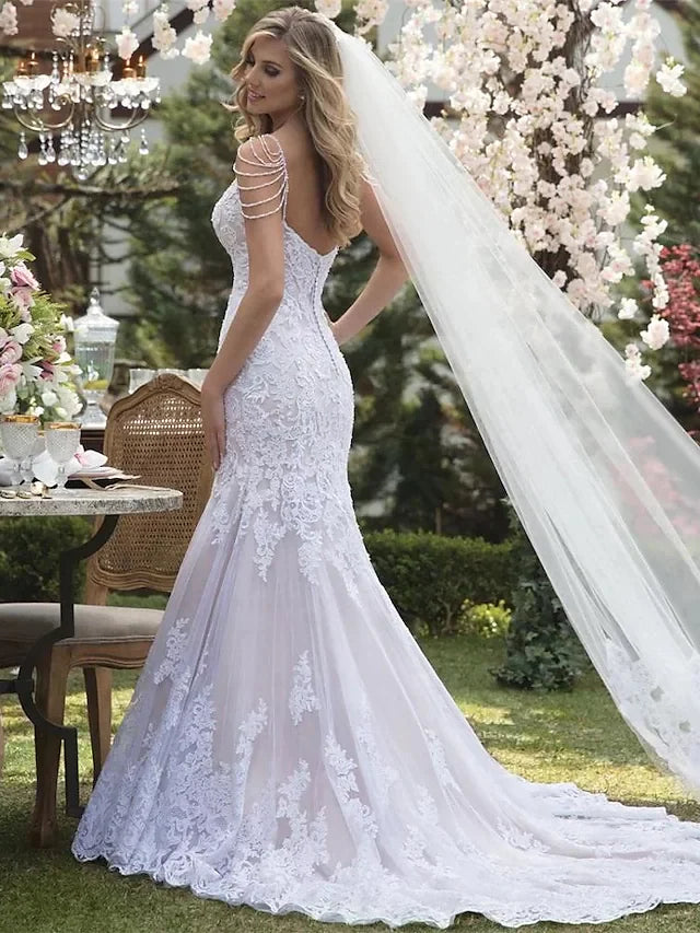 Wedding Dresses V Neck Court Train Lace Tulle Lace Over Satin Spaghetti Strap Beautiful Back with Appliques