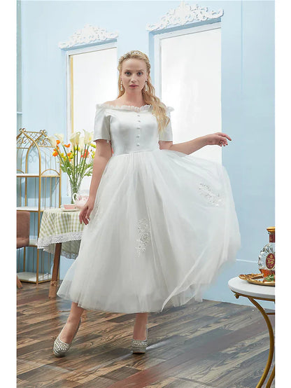 Ball Gown Plus Size Elegant Quinceanera Prom Dress Off Shoulder Short Sleeve Tea Length Tulle with Buttons