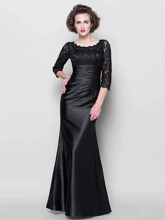 Mother of the Bride Dress See Through Jewel Neck Floor Length Stretch Satin Lace Over Satin Length Sleeve with Lace Ruched Side Draping
