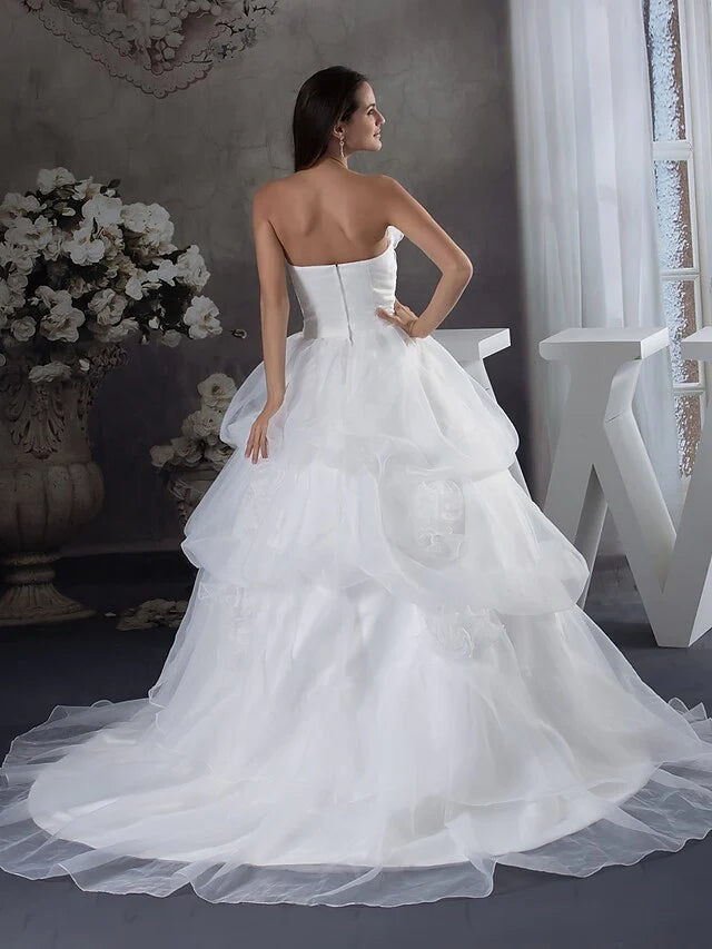 A-Line Wedding Dresses Strapless Chapel Train Organza Satin Strapless with Pick Up Skirt