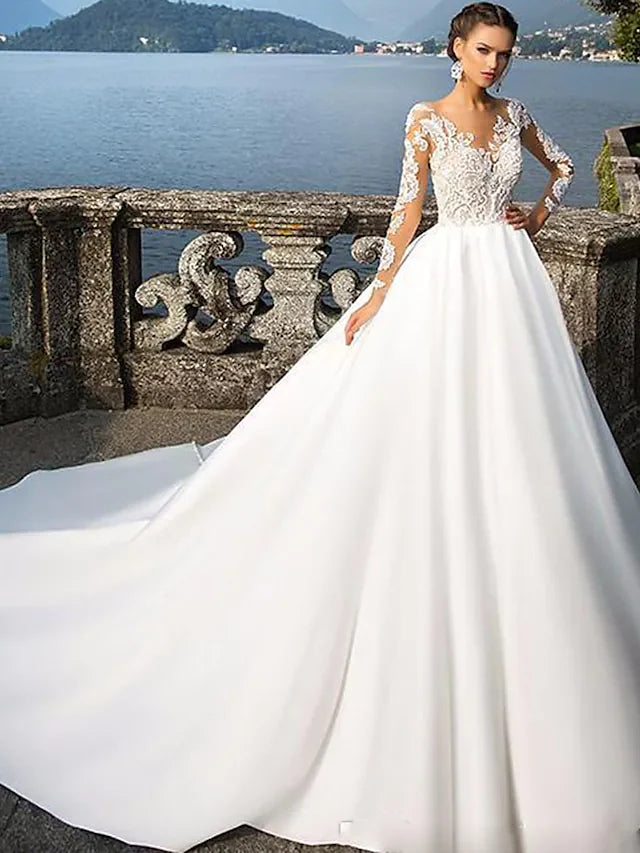 A-Line Wedding Dresses Jewel Neck Court Train Satin Long Sleeve Sexy Wedding Dress in Color with Appliques