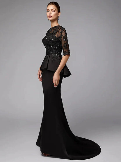 Mother of the Bride Dress Sexy See Through Jewel Neck Lace Satin Half Sleeve with Beading Appliques