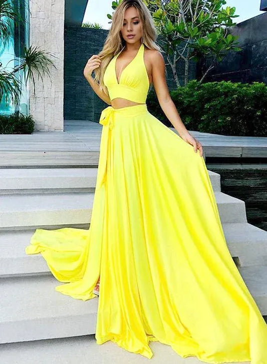 Two Pieces V Neck Yellow Halter-neck Sweep/Brush Train Long Prom Dress