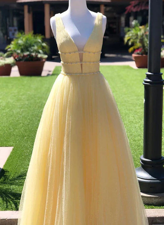 Yellow V Neck Sleeveless Tulle Long Prom Dress