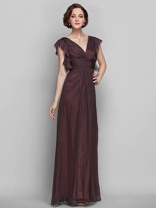 Mother of the Bride Dress Beautiful Back V Neck Floor Length Chiffon Short Sleeve with Criss Cross Ruched Draping