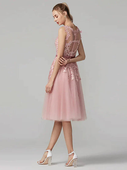 A-Line Beautiful Back Floral Cute Cocktail Party Prom Valentine's Day Dress Illusion Neck Sleeveless Knee Length Tulle Over Lace with Beading Appliques