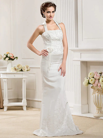 Wedding Dresses Halter Neck Court Train Satin Sleeveless