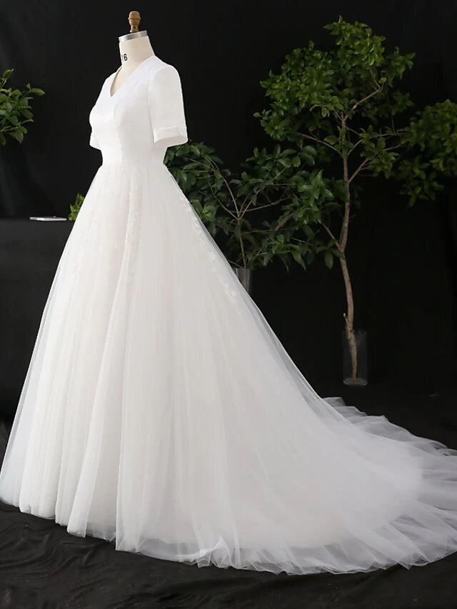 A-Line Wedding Dresses V Neck Court Train Satin Tulle Half Sleeve Simple Elegant with Appliques