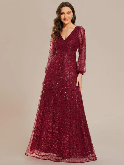 Shimmering All Over V-Neck Long Lantern Sleeve Sequin A-Line Evening Dress/Prom Dresses