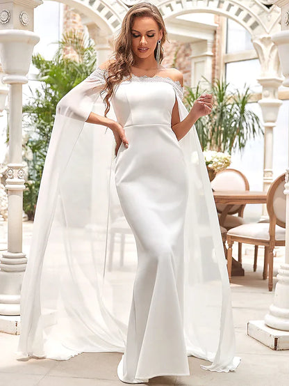 Wedding Dresses Off Shoulder Chiffon Satin Lace Over Satin Sleeveless Simple with Draping Lace Insert