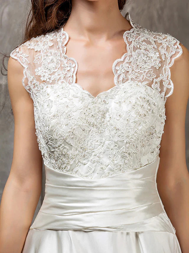 A-Line Wedding Dresses Queen Anne Lace Satin Sleeveless See-Through with Sash Ribbon Beading Appliques