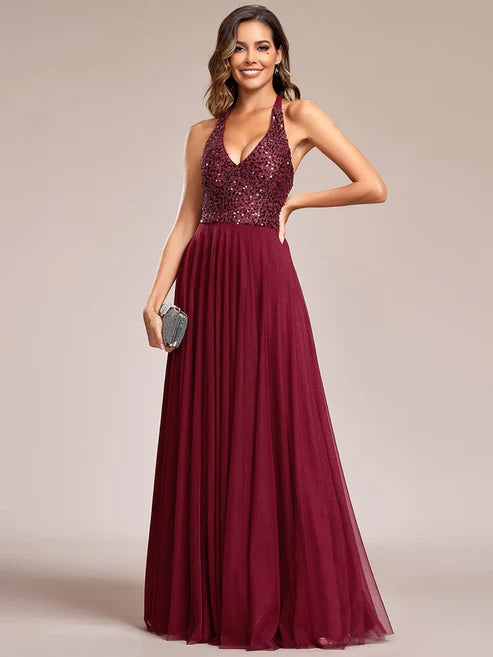 Sequin Halter Neck Top A-Line Backless Evening Dress with Tulle/Prom Dresses Party Dresses