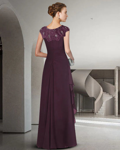 Mother of the Bride Dress Elegant Jewel Neck Floor Length Chiffon Lace Sleeveless with Ruffles