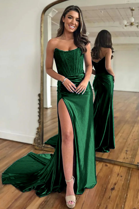 Sexy Dark Green Strapless Off-the-Shoulder Split Fork Mopping The Floor Long Prom Dress With Split
